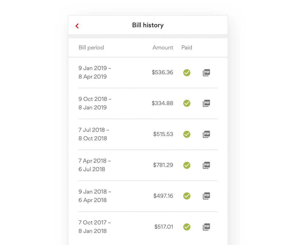 The view bill history screen from the Origin app which shows the date a bill was received, the amount and the a downloadable PDF