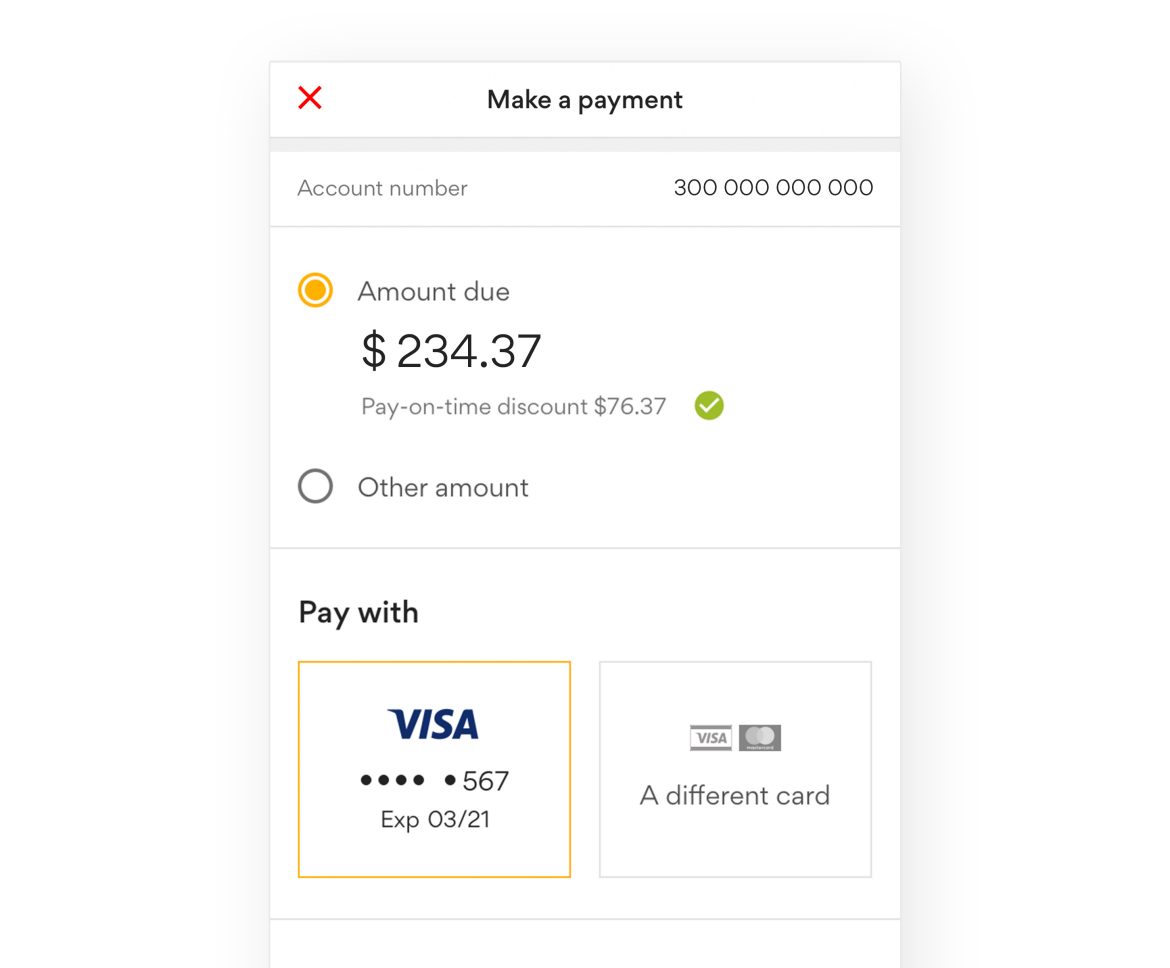 Make a payment screen with credit card payment options from Origin Energy app for Android