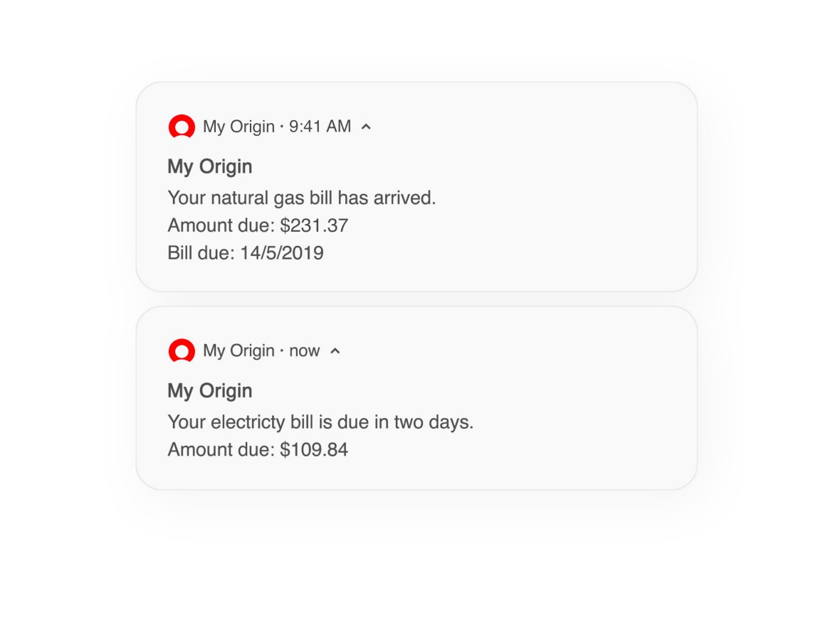 Two push notification dialogue boxes from Origin app alerting a customer about a bill with the due date and payment amount