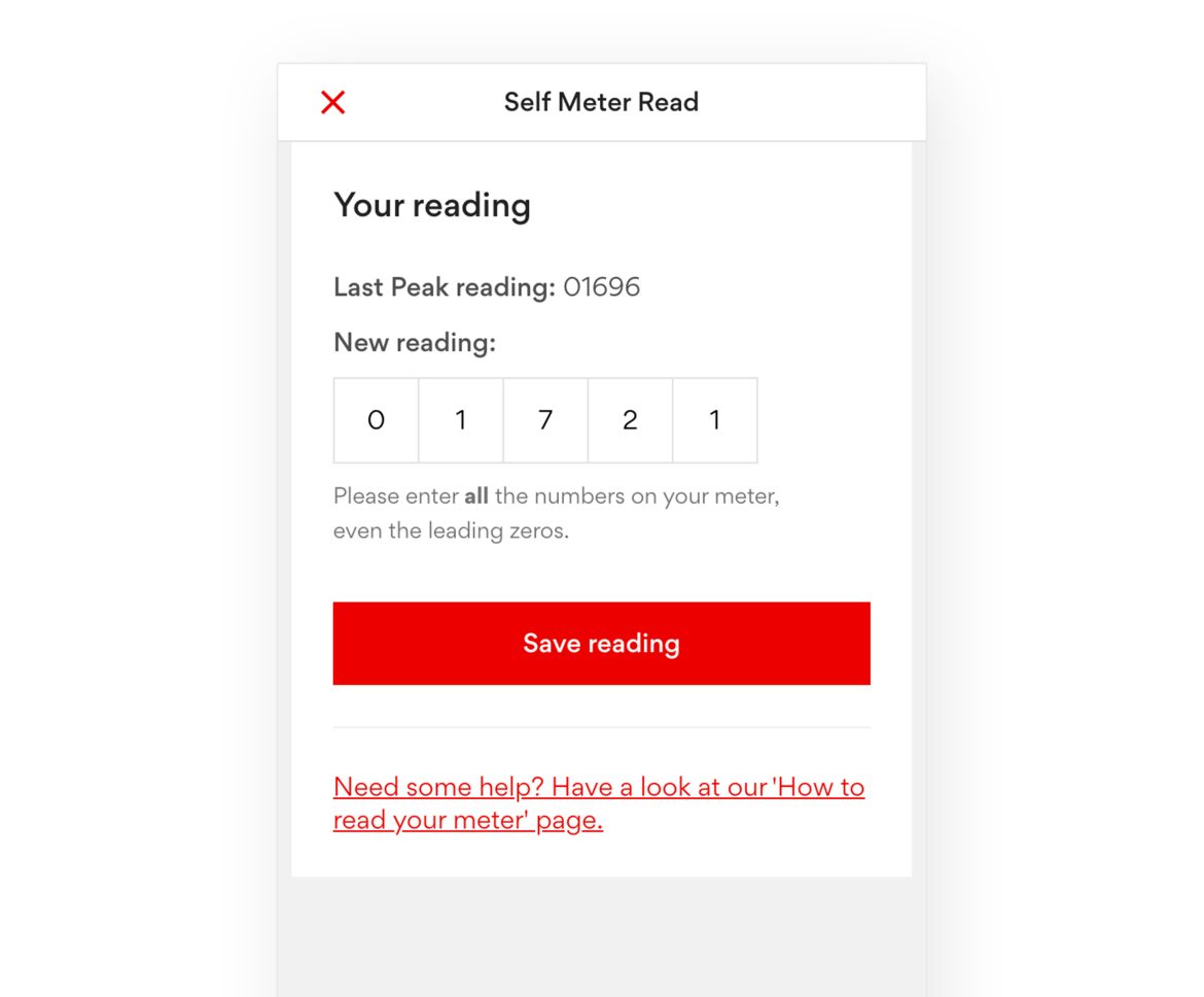 Self meter reading screen from the Origin app which let's a customer add their current reading to potentially get a reduced bill