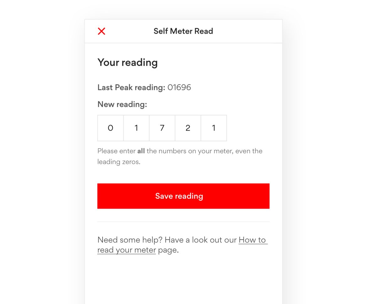 Self meter reading screen from the Origin app which let's a customer add their current reading to potentially get a reduced bill