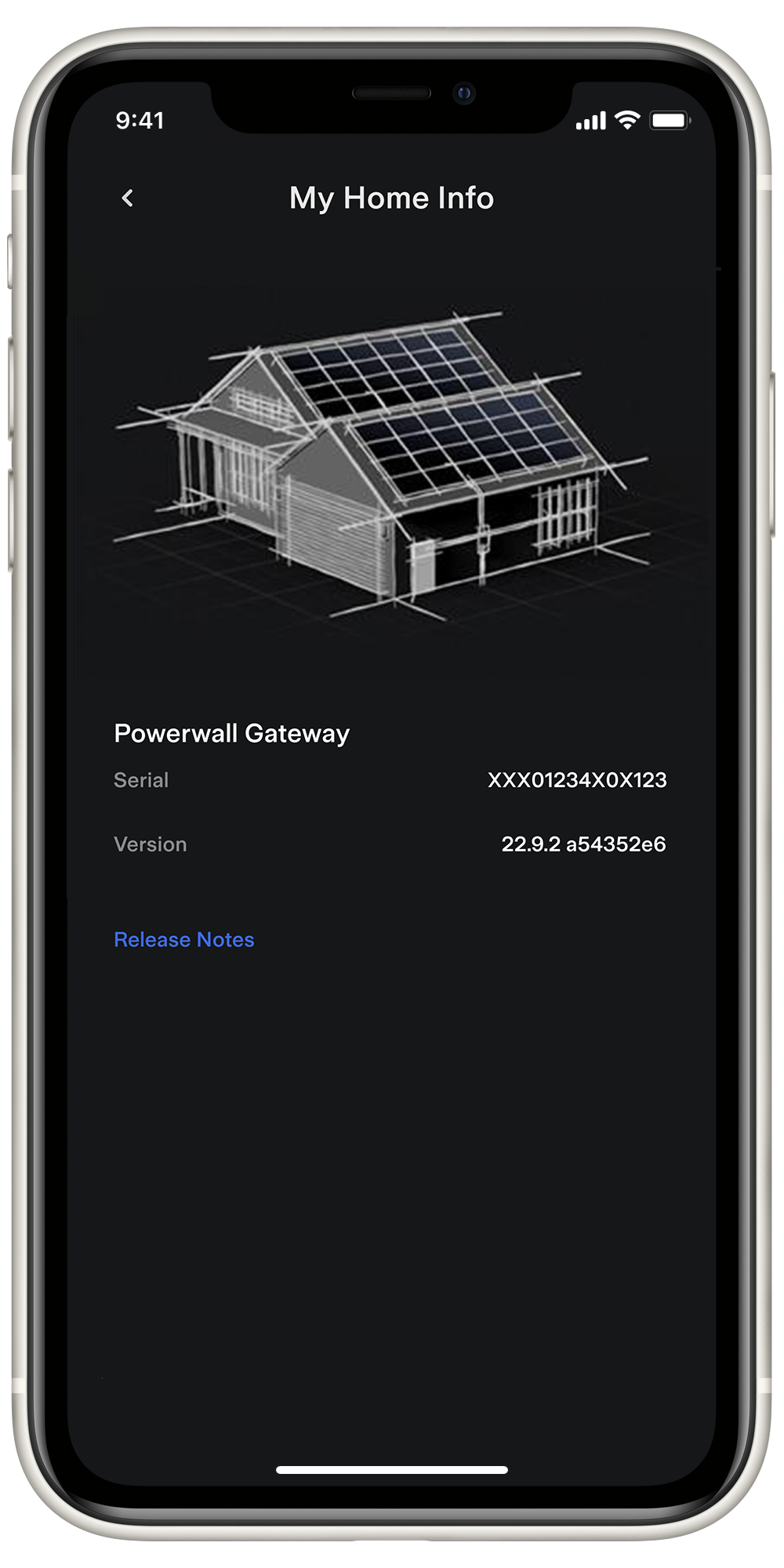 Screenshot of Tesla Powerwall App My Home Info screen where the serial number can be located.