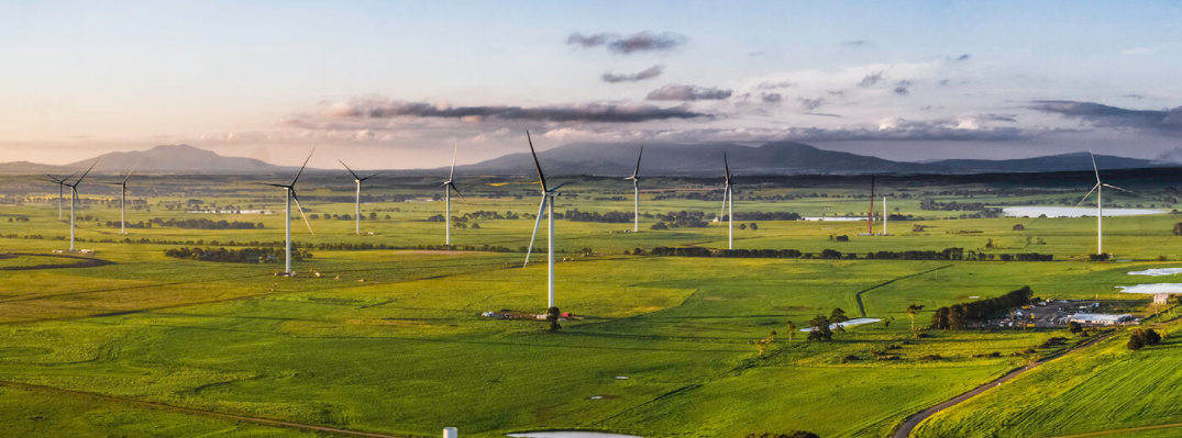 Image is of Stockyard Hill windfarm, with windturbines on a green field with hills and cloud in the background