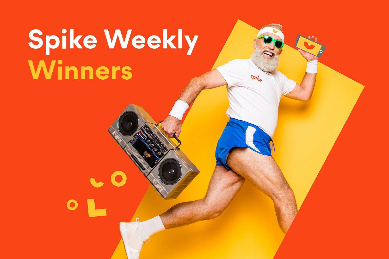 Spike Champion with white beard and sunglasses runs with a boom box