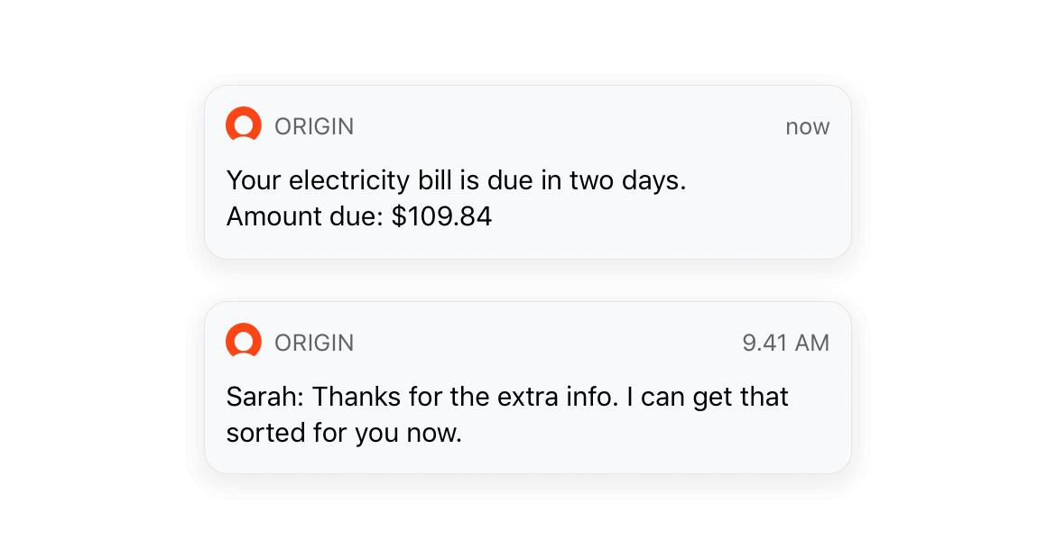 Two push notification dialogue boxes from Origin app alerting a customer about a bill with the due date and a new message