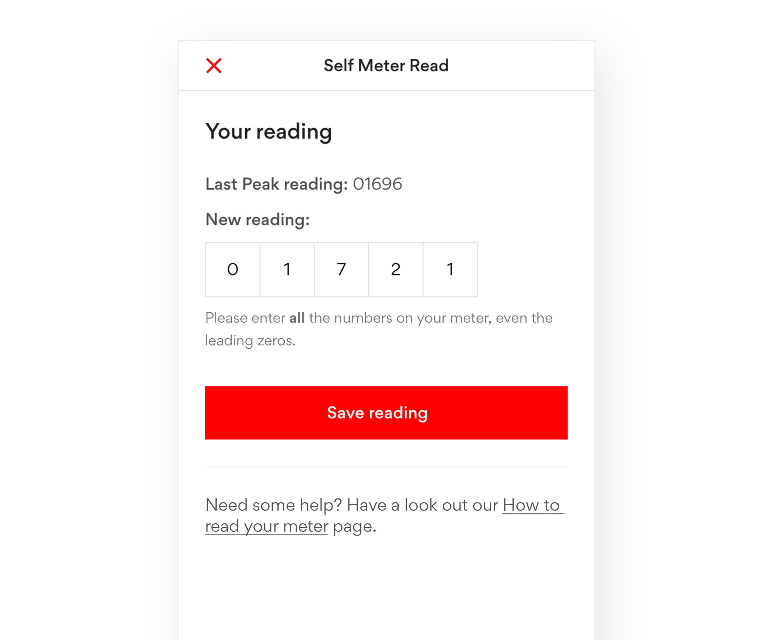 Self meter reading screen from the Origin app which let's a customer add their current reading to potentially get a reduced bill