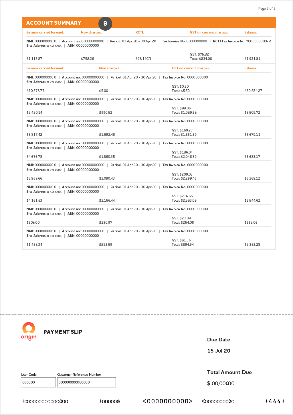 Page 2 of Origin commercial consolidated natural gas and electricity bill