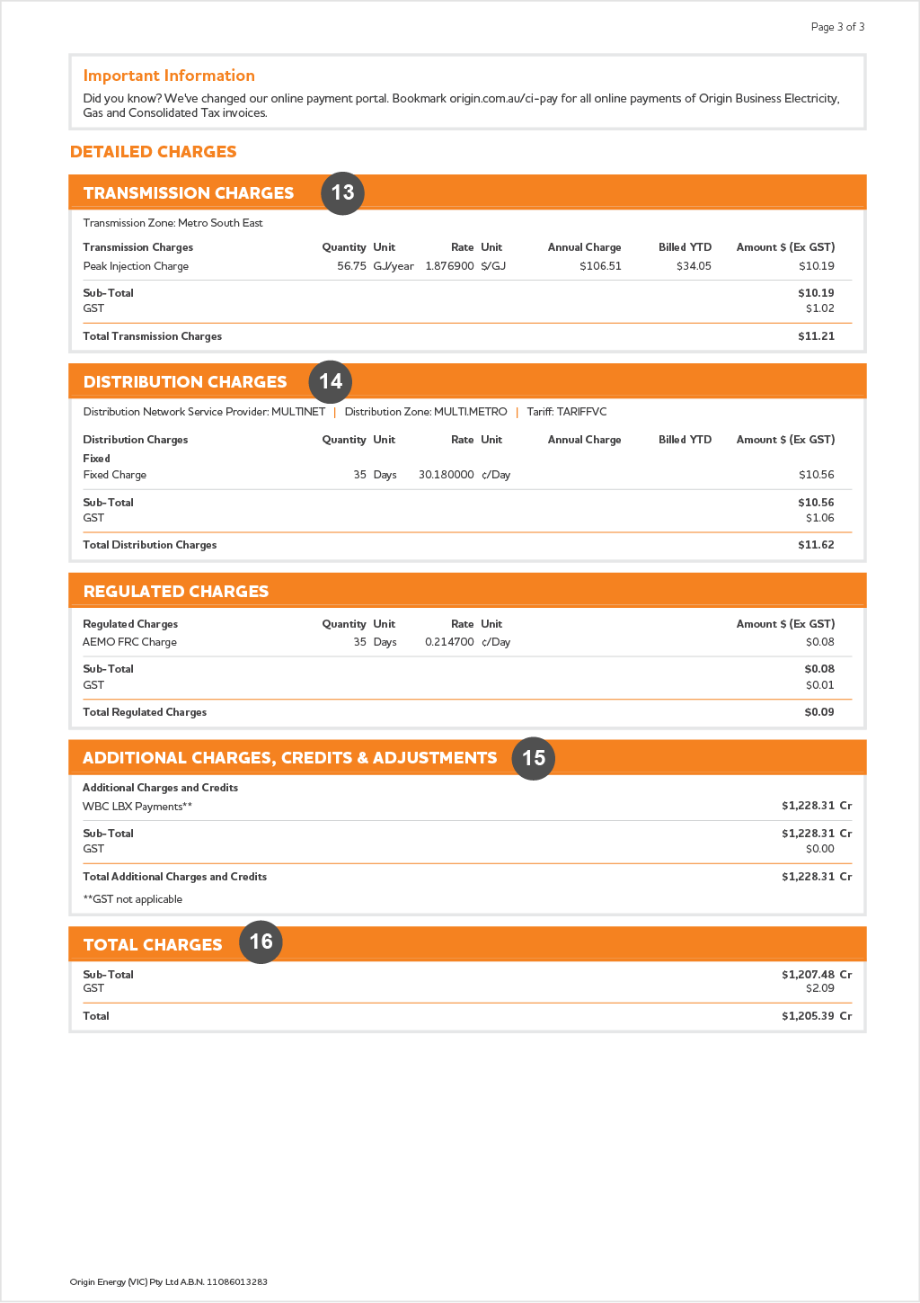 Page 3 of Origin commercial natural gas bill